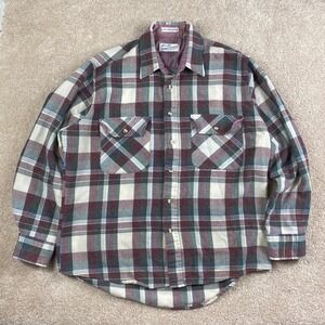 Vintage Sears Roebuck Mens Large Wool Blend Plaid Flannel Shirt Burgundy Cream L